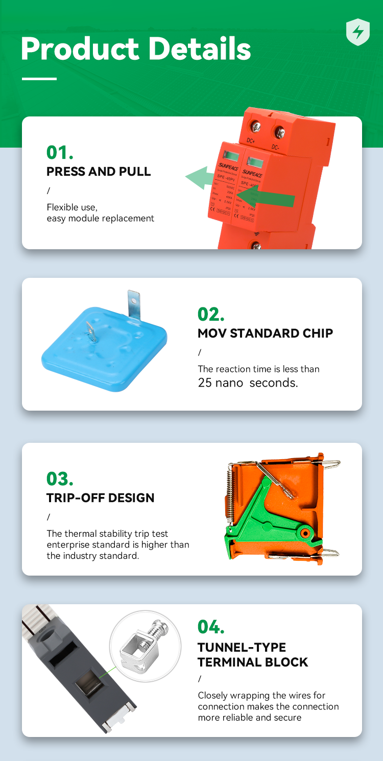 Manufacturer Factory Price OEM ODM Solar DC PV 1P T2 20KA 40KA DC SPD surge protector device 7 Manufacturer Factory Price OEM ODM Solar DC PV 1P T2 20KA 40KA DC SPD surge protector device 7